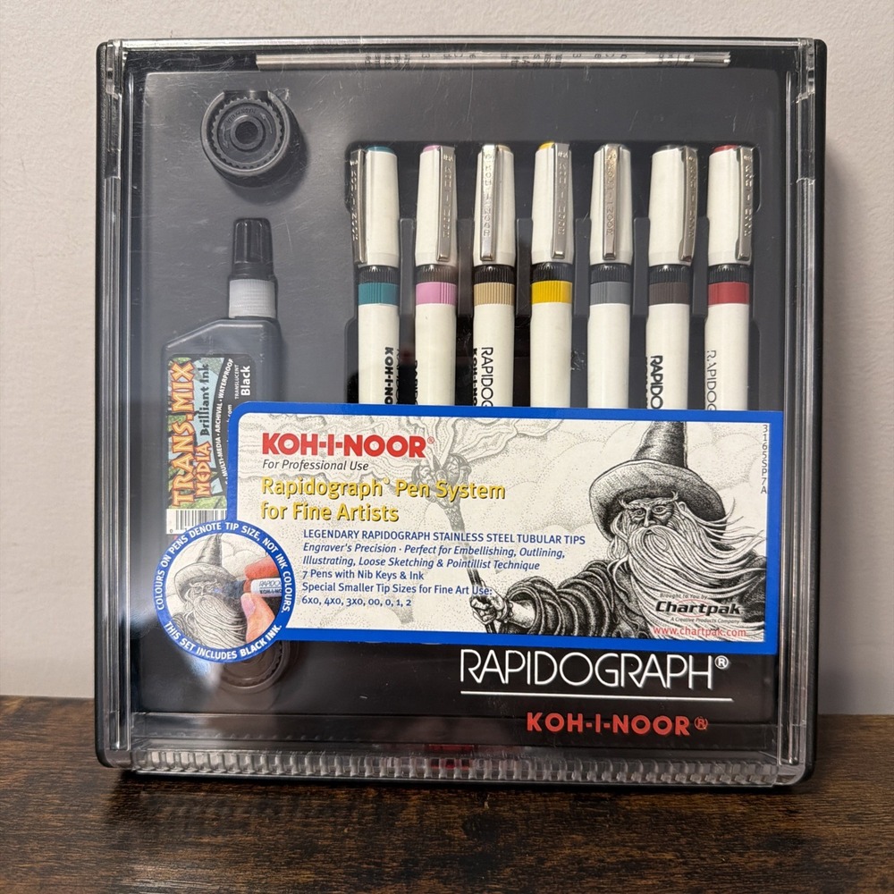 Koh-I-Noor Rapidograph Technical Pen Slim Pack Set of 7 w/ Case Box and Ink